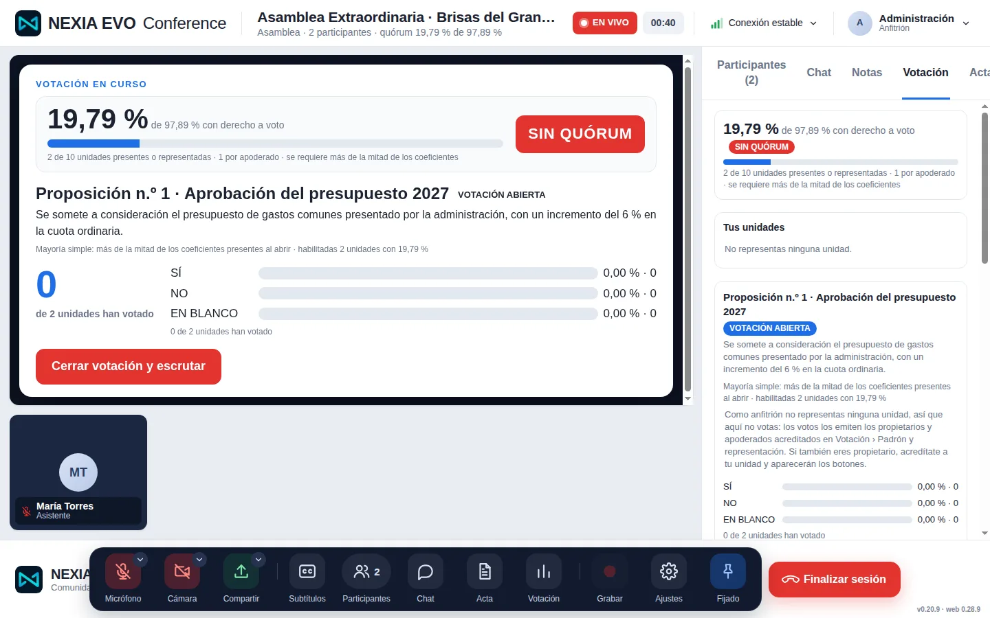 Tablero de votación de una asamblea: quórum, proposición, unidades que han votado y escrutinio